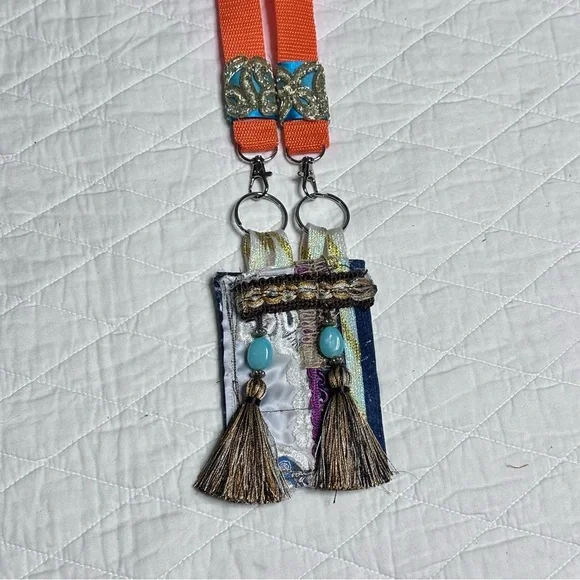 Handmade Boho Necklace Purse Fabric Wallet Beaded Fringe Artisan Signed - Picture 12 of 12